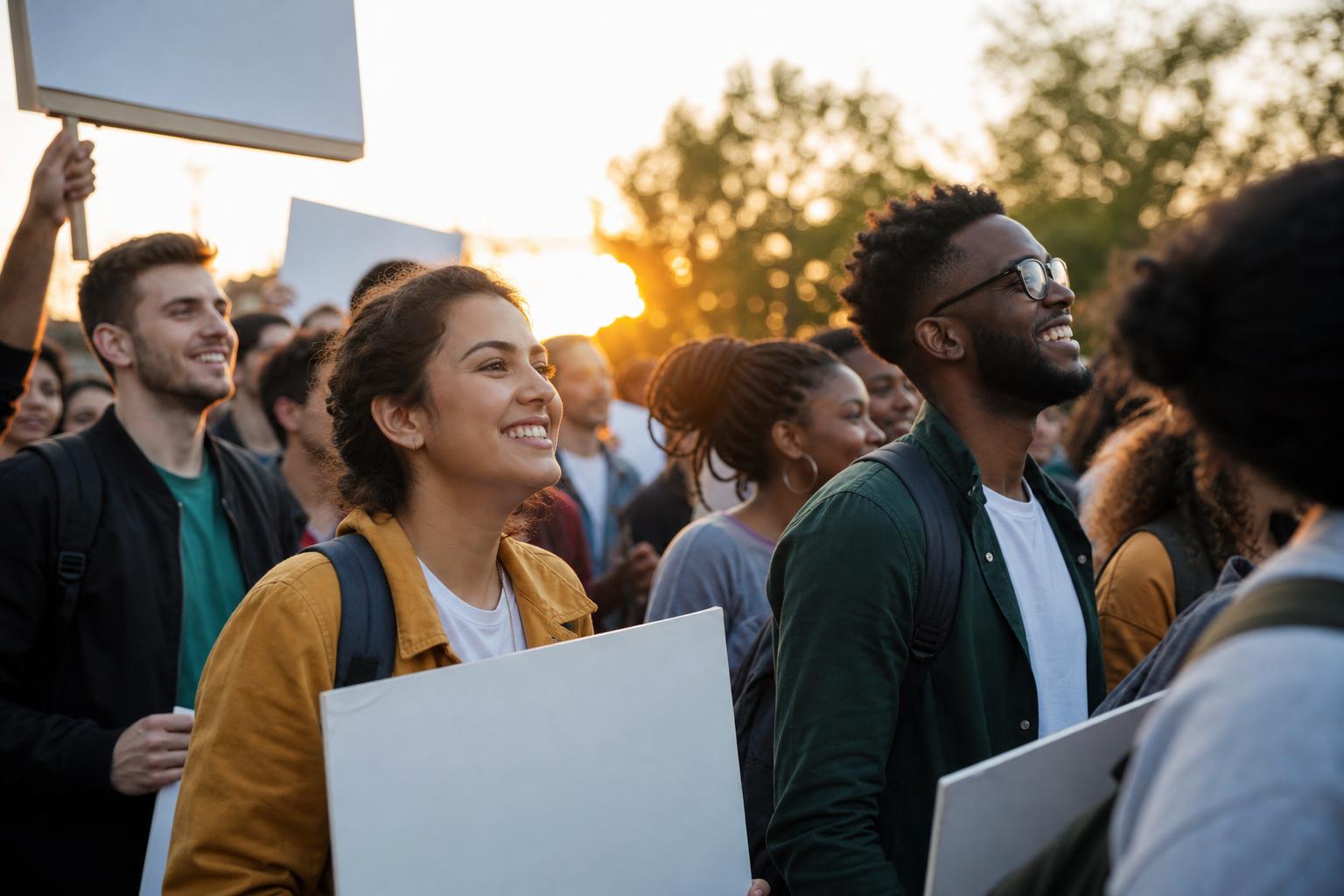 Diverse grassroots organizers gathered outdoors with campaign signs at golden hour