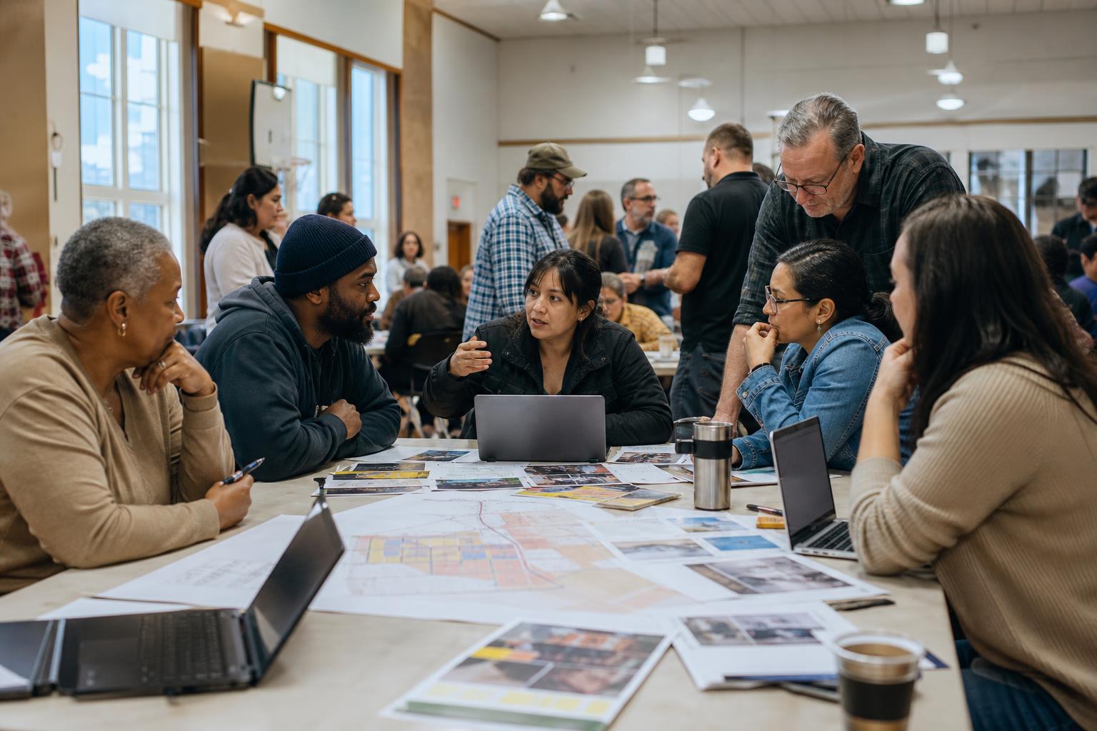 Diverse community organizers collaborating around a table covered with campaign materials