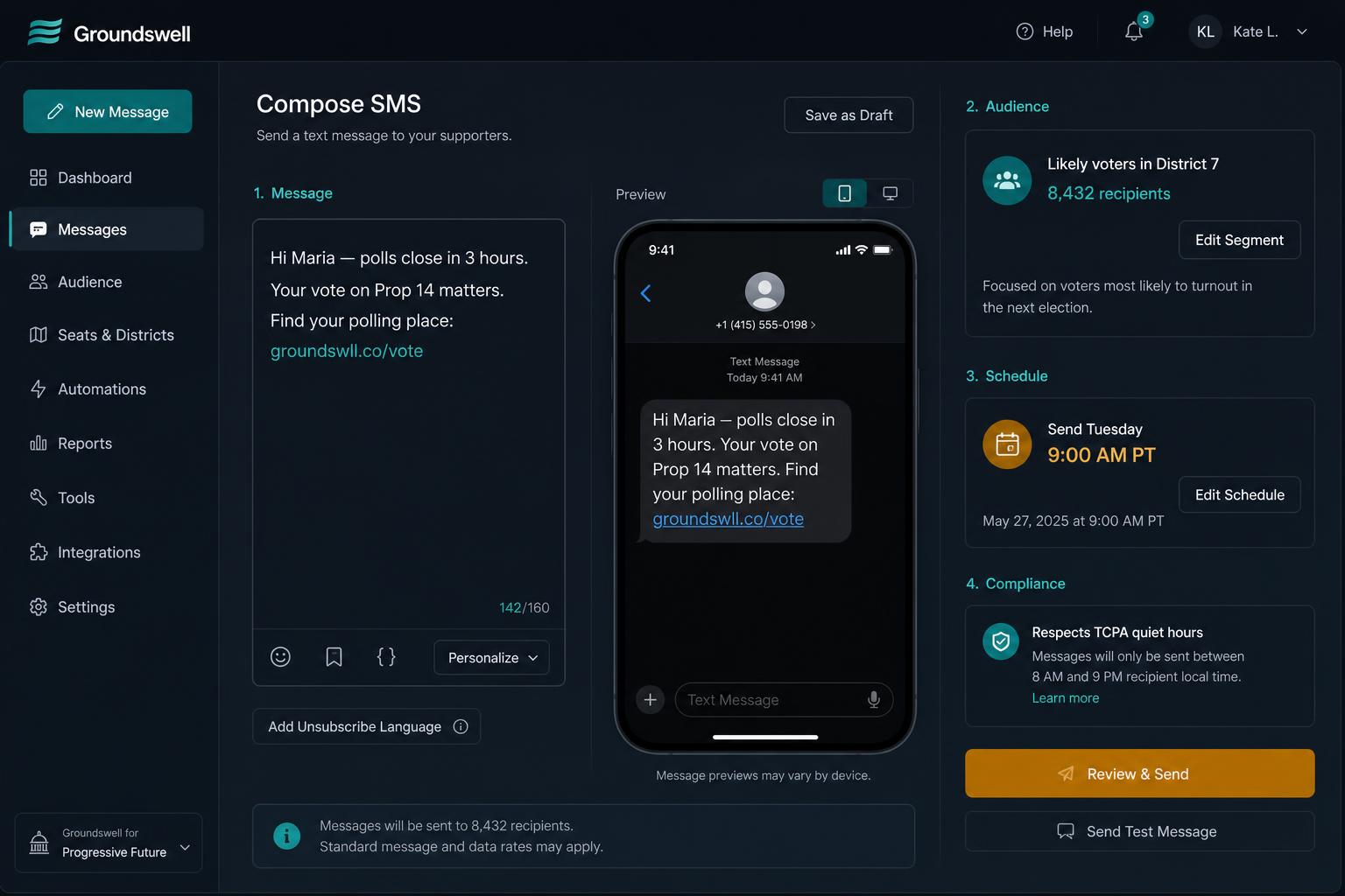 Petition HQ SMS composer with phone preview, audience segment, schedule, and TCPA compliance panel